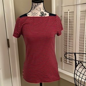Ralph Lauren fitted red and navy stripped tee, embellished with gold buttons.